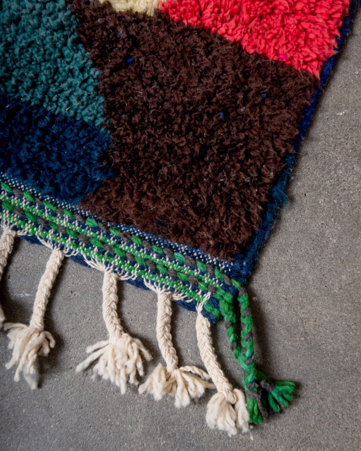 Modern, designer, handcrafted Berber rug from Morocco. Beniourain carpet with beautiful colours and patterns and fluffy wool texture.